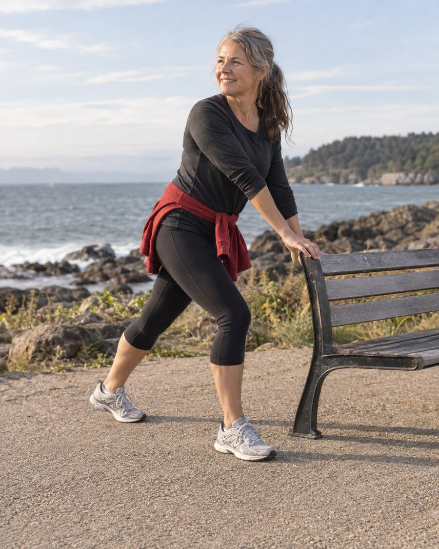 Woman stretching after a seaside walk
