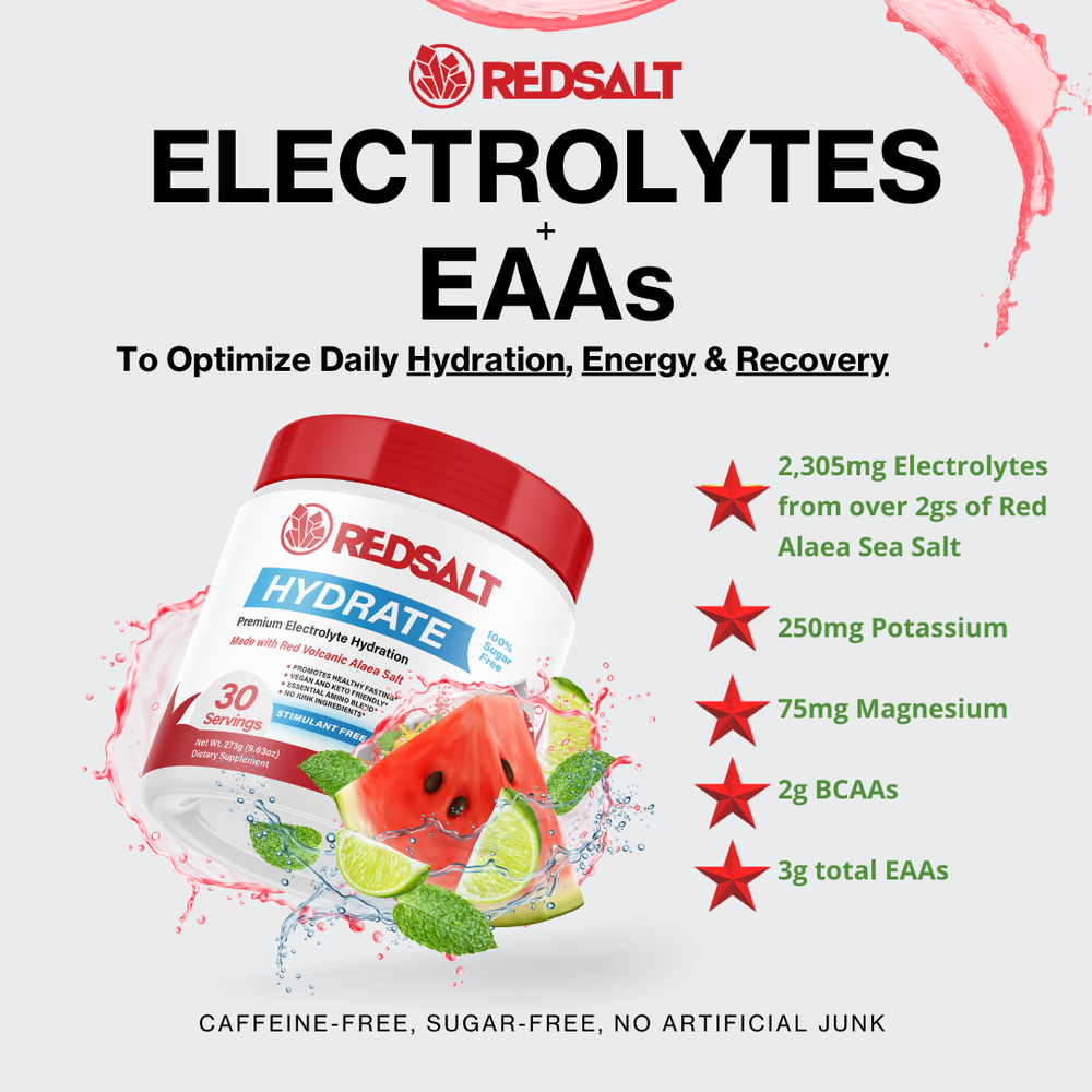 
                      
                        REDSALT HYDRATE: Supercharged Hydration Powder  - 2,305mg Electrolytes + 3gs EAAs (Fast Hydration & Recovery Mix)
                      
                    