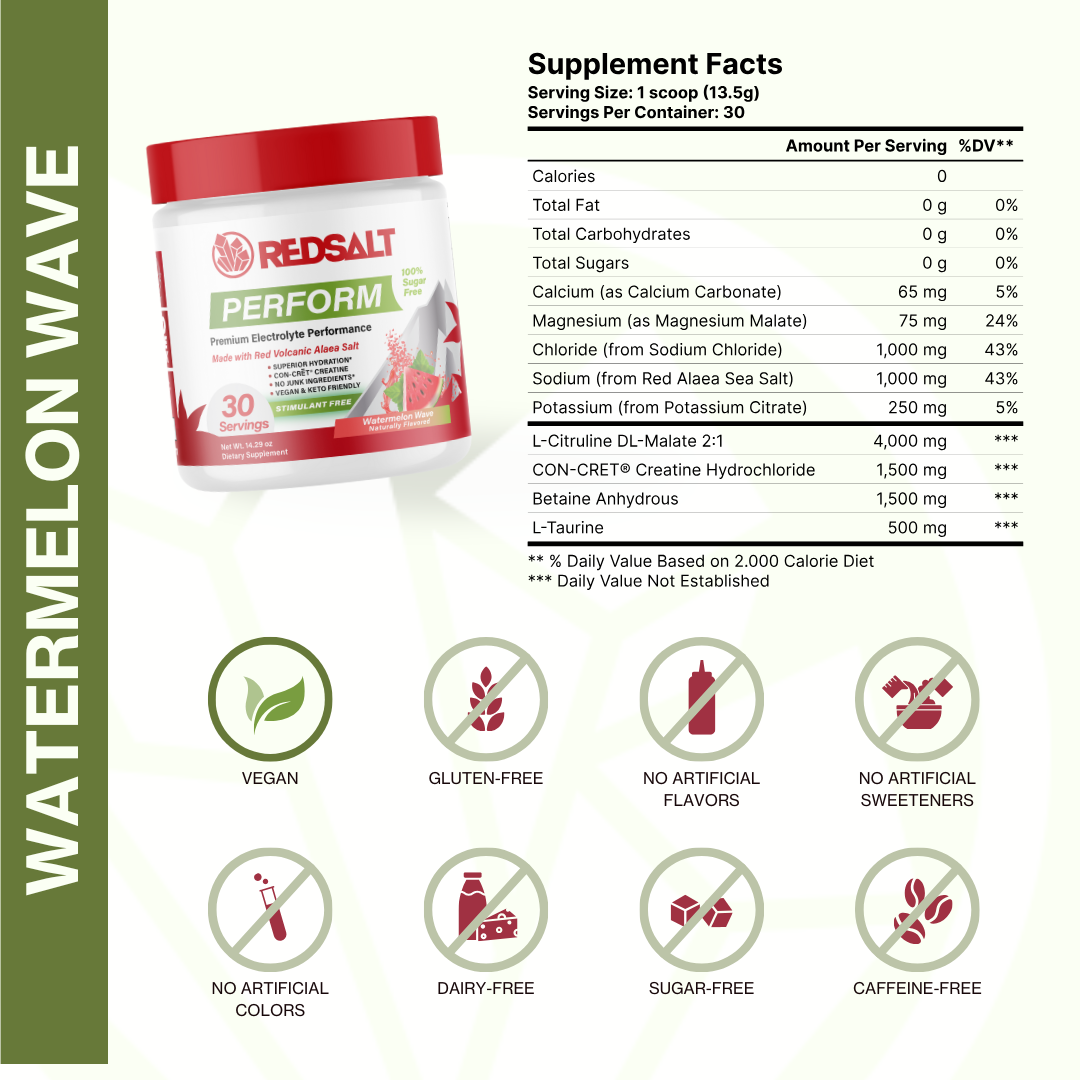 REDSALT PERFORM: Supercharged Electrolytes For Daily Hydration & Performance - 2,390mg Electrolytes + 1,500mg Creatine HCl + 4,000mg L-Citrulline + 500mg Taurine