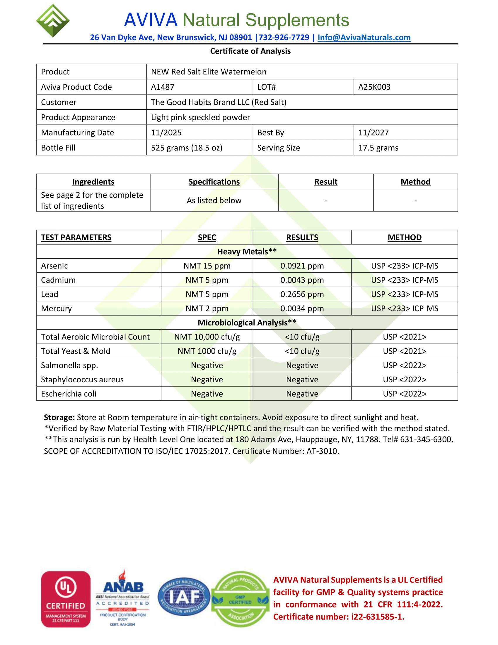 REDSALT Elite Certificate of Analysis page 1
