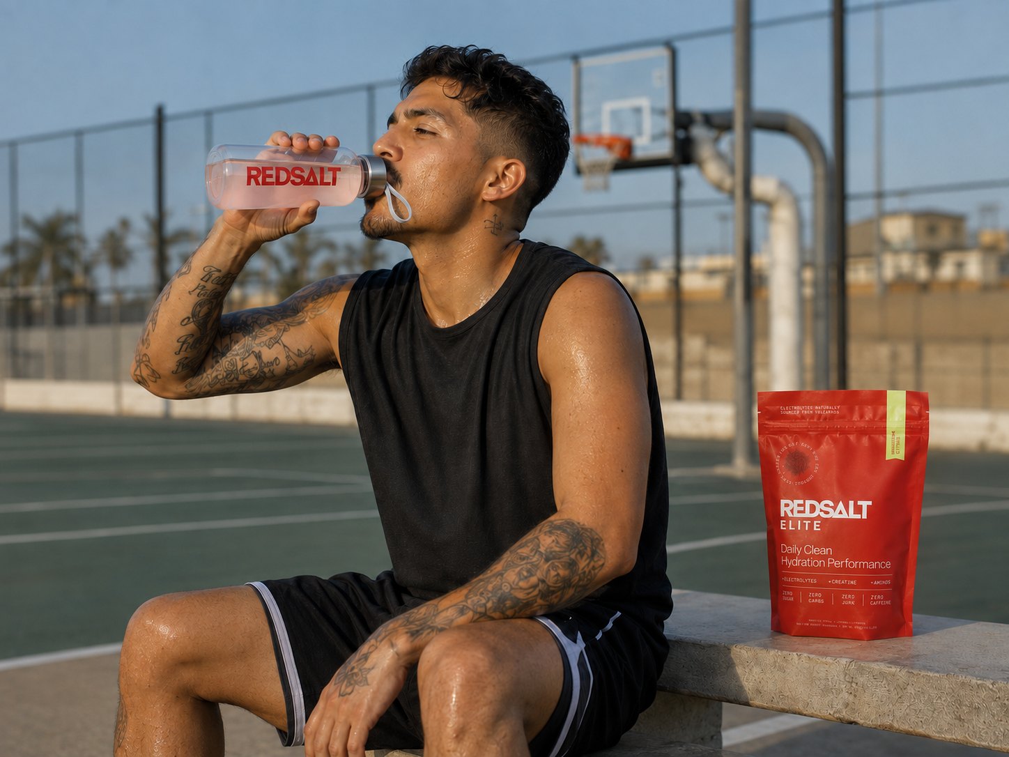 Basketball athlete hydrating with REDSALT after playing