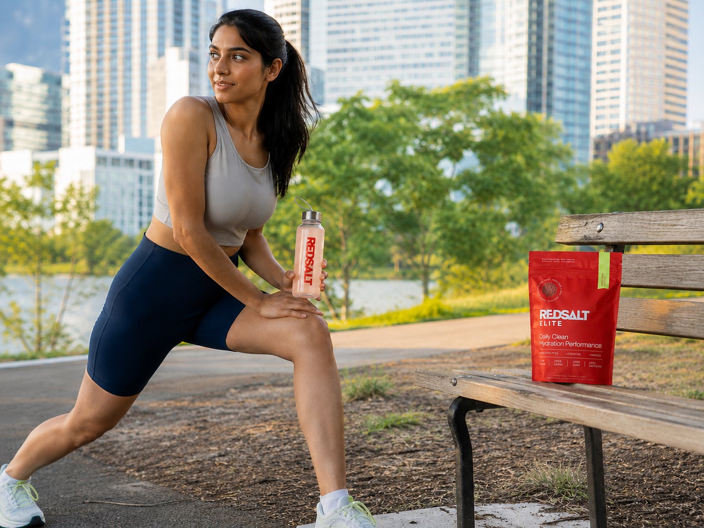 Runner taking a REDSALT hydration break in an urban park