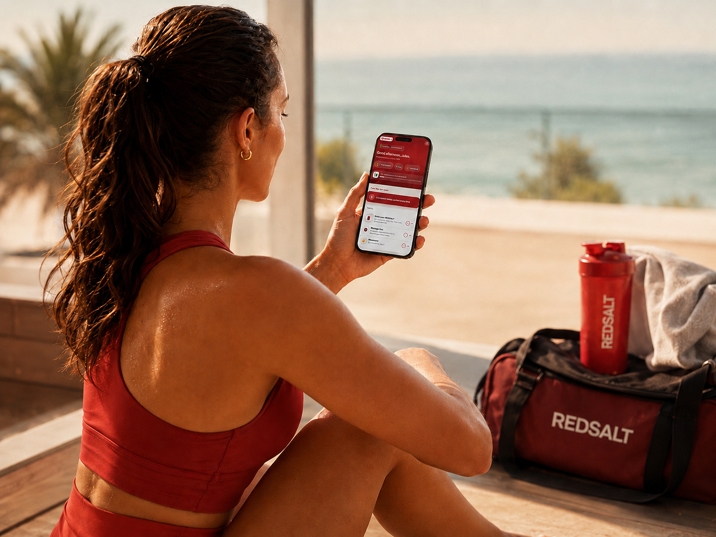 Athlete checking the REDSALT Reward Wallet after a workout