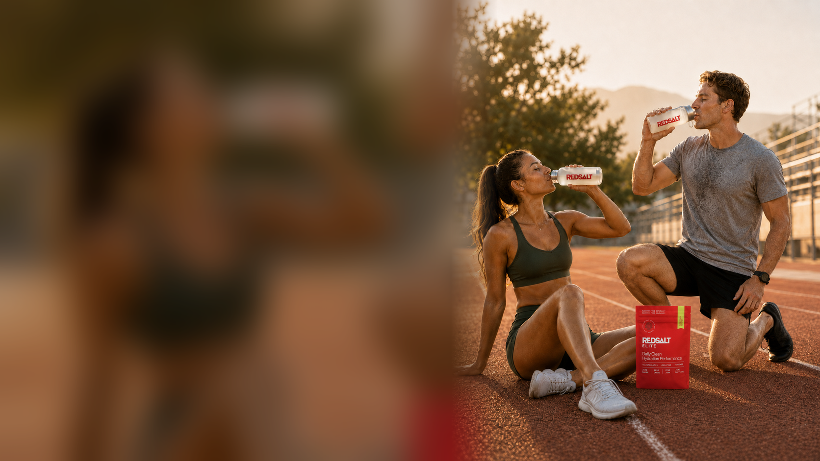 Male and female athletes drinking REDSALT after a track workout