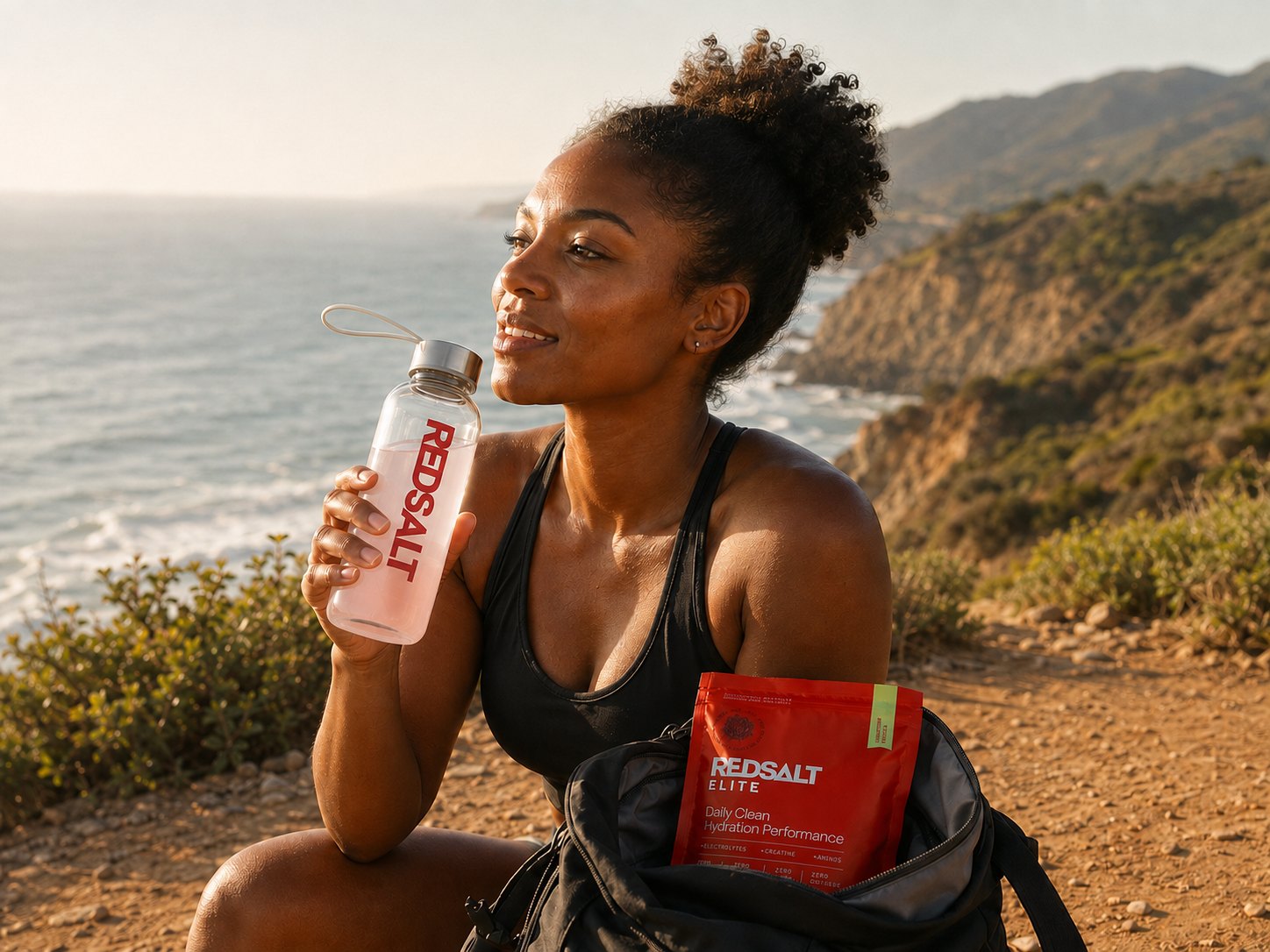 Athlete taking a REDSALT hydration break on a coastal hike