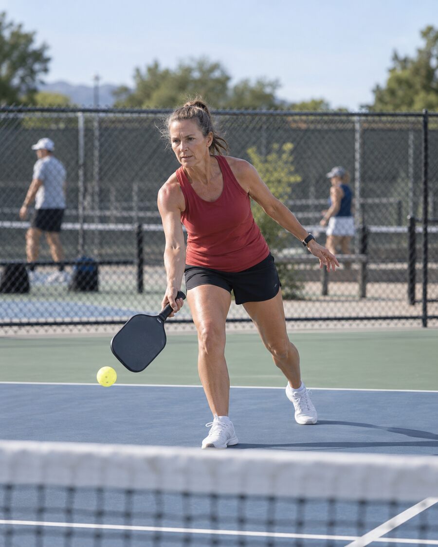 An active woman playing pickleball