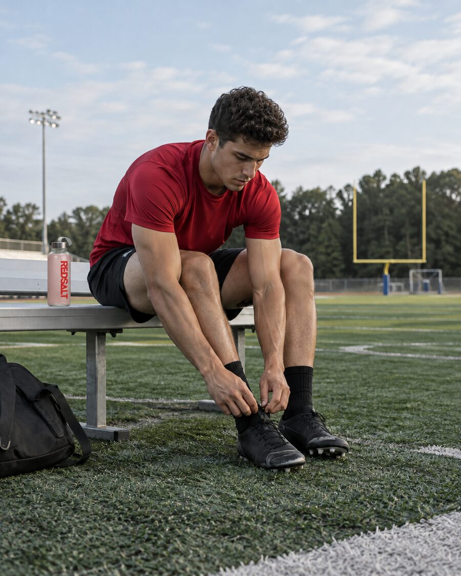 A young adult athlete lacing his cleats before field training