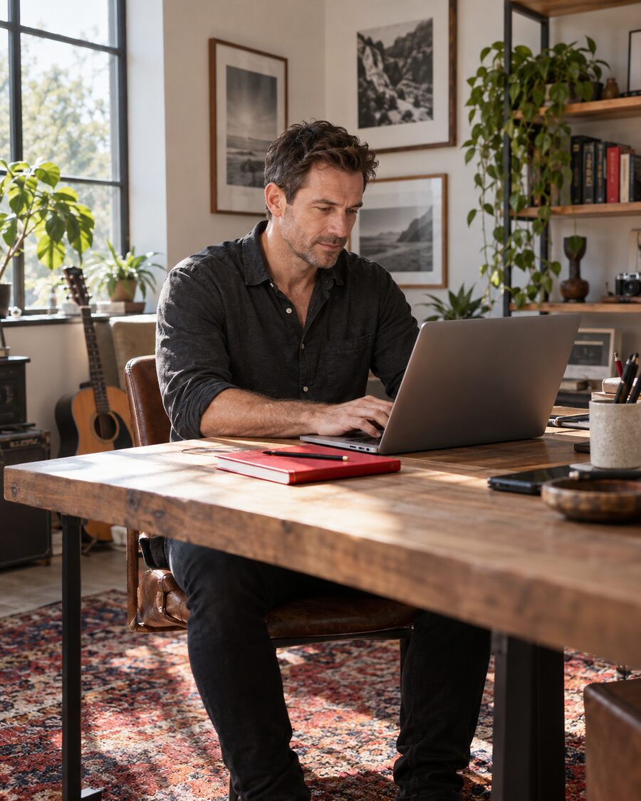 Man concentrating on his work at a laptop