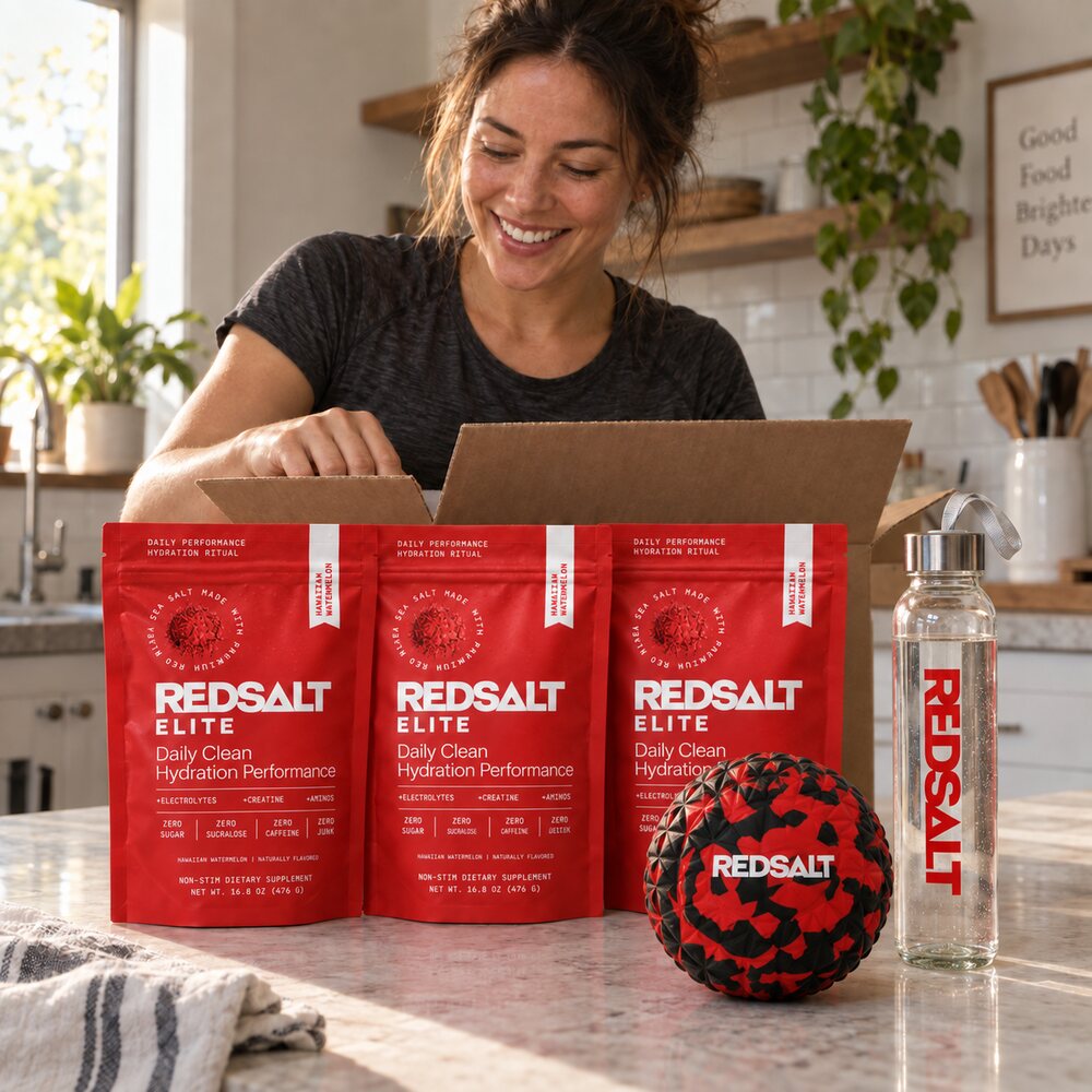 First member delivery with three REDSALT Elite bags, glass shaker and massage ball
