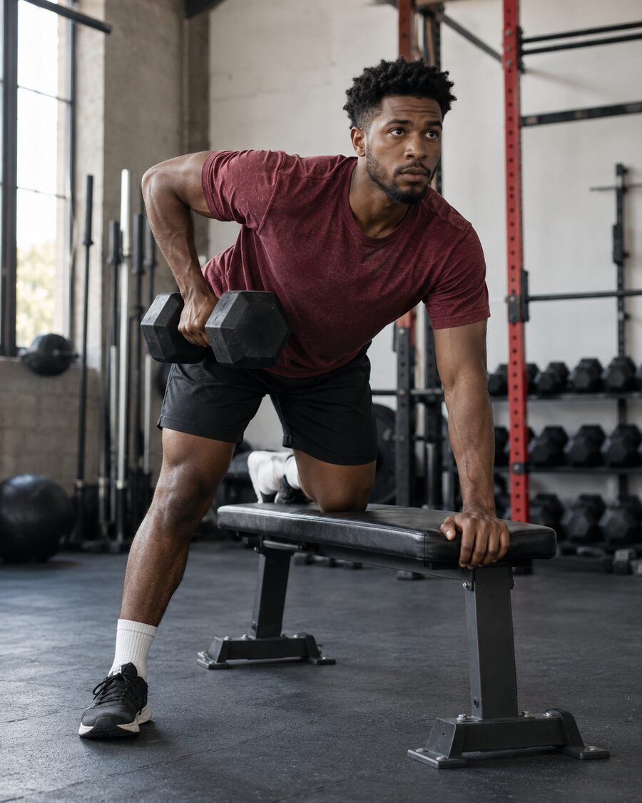 Young adult athlete performing a dumbbell row