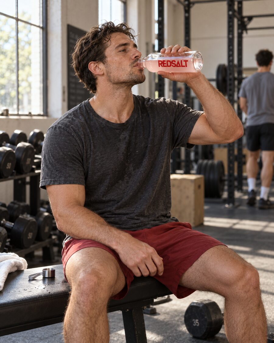 An athlete taking a hydration break after gym training