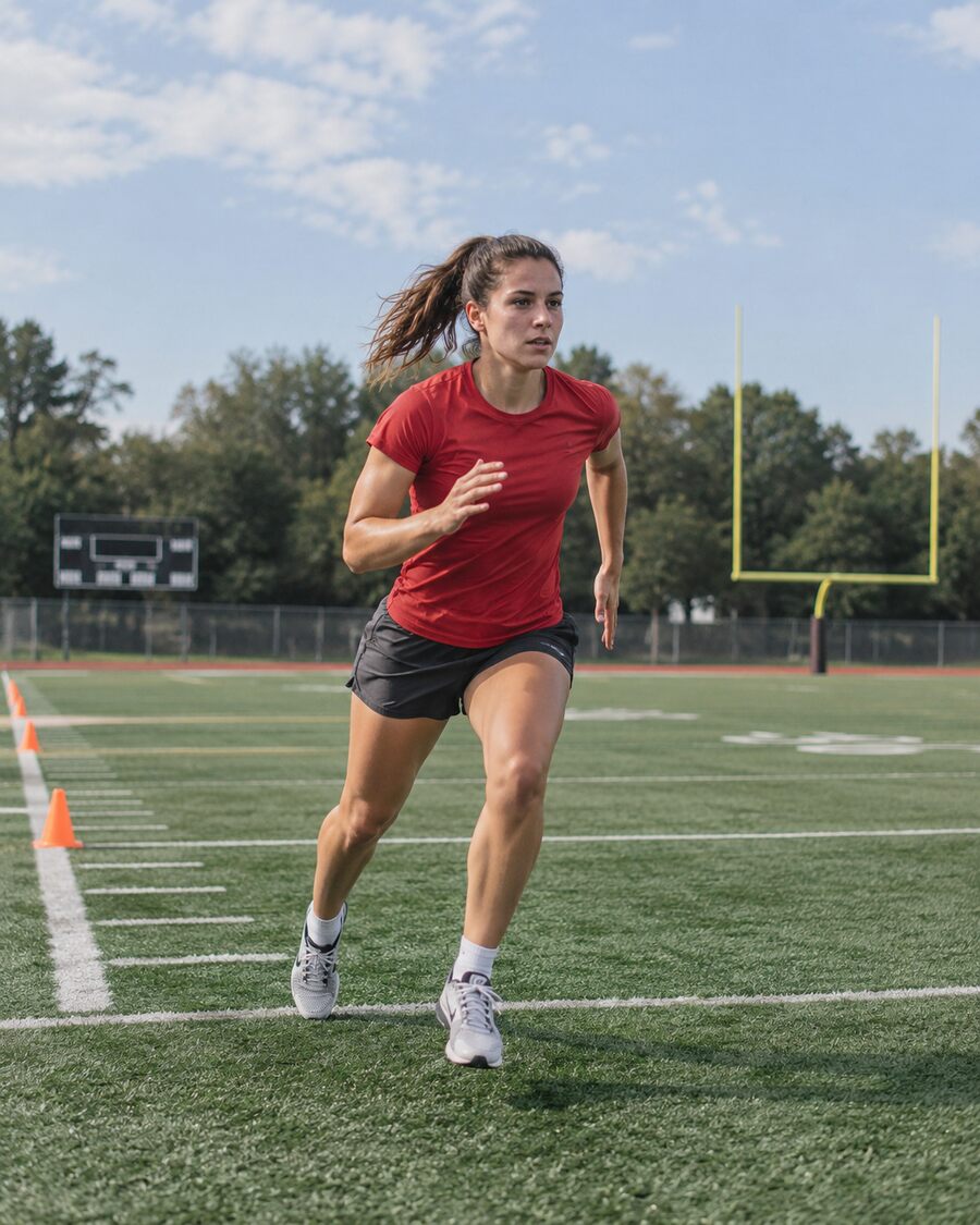 Young adult athlete doing a running drill on a football field