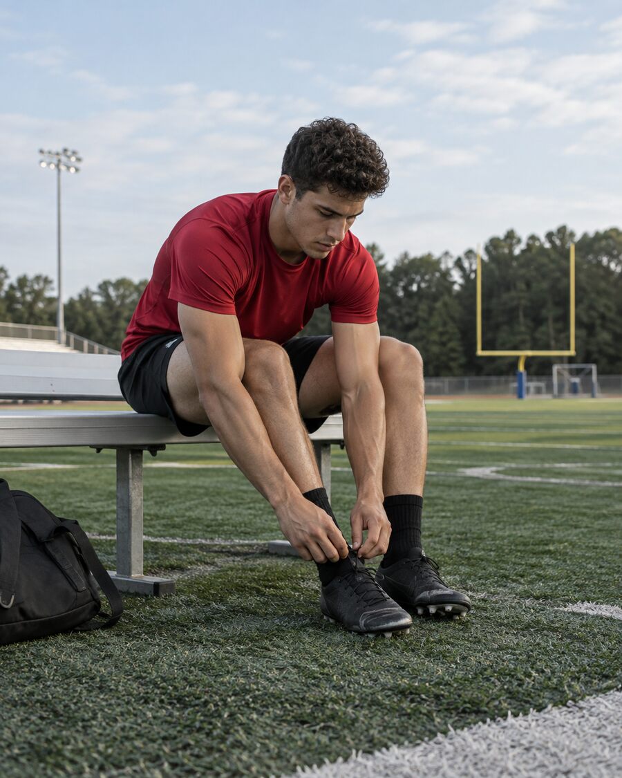 A man tying his shoes before a workout outdoors
